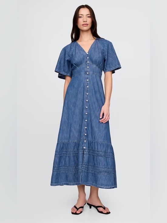 GAP Dresses & Skirts - Gap Flutter-Sleeve Tiered Chambray Maxi Dress NWOT M Summer Beachy Feminine BoHo